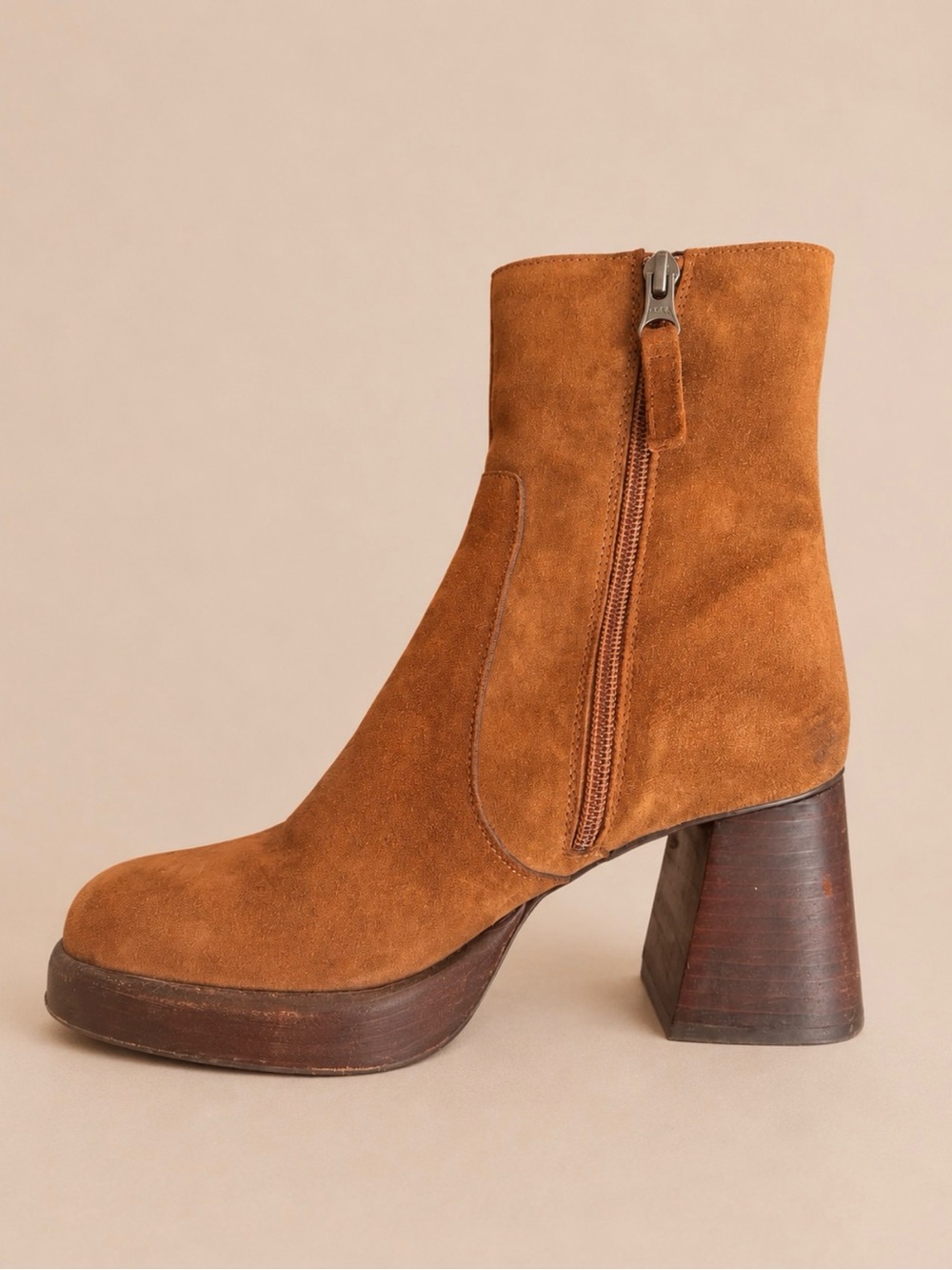 L’INTERVALLE Chestnut Brown Suede Platform Block Heel Ankle Boots 38 / US 7.5-8 - Picture 16 of 17